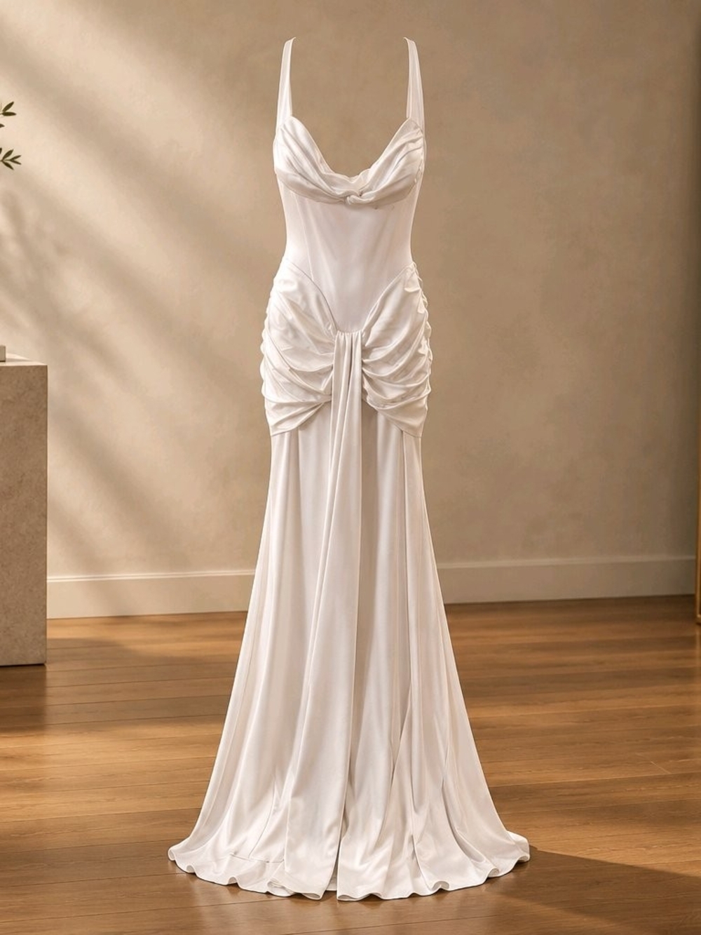 Ruched Ivory Satin Maxi Dress with Draped Skirt